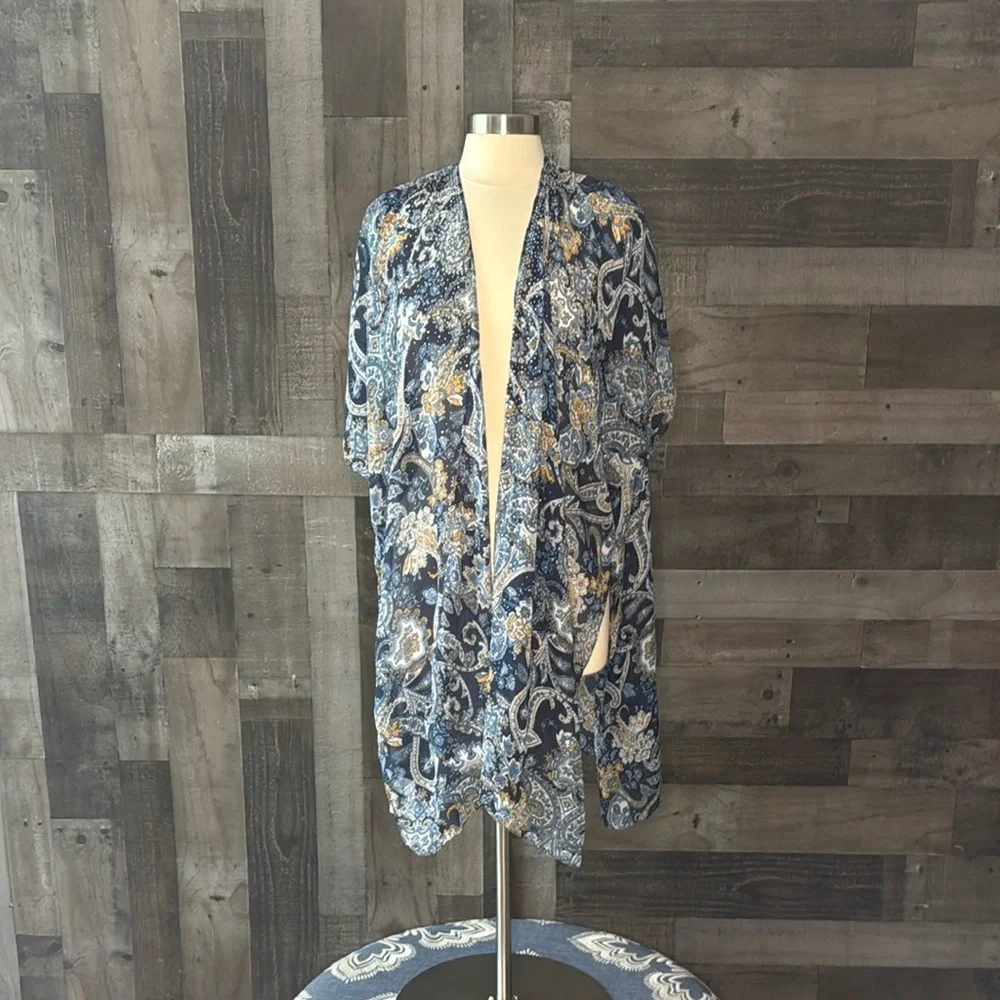 NWT! Blue floral paisley Kimono OS sparkly rhinestones dark feminine resortwear